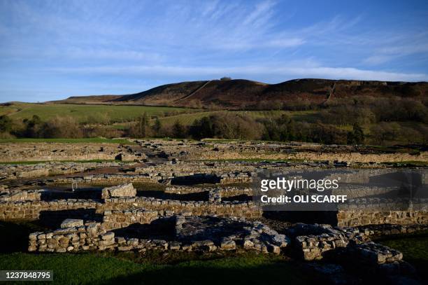Picture shows the remains of Vindolanda, a large Roman auxiliary fort one mile south of Hadrian's Wall, which predated the wall by approximately 40...
