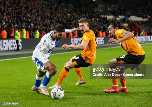 Blackburn Rovers' Dilan Markanday takes on Hull City's Greg Docherty and Randell Williams during the Sky Bet Championship match between Hull City and...