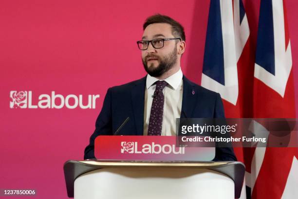Bury South constituency MP Christian Wakeford speaks during a visit by Labour’s Shadow Chancellor of the Exchequer Rachel Reeves on January 20, 2022...