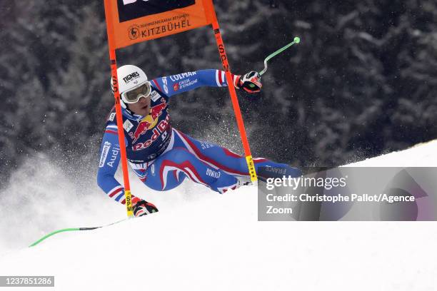 Johan Clarey of Team France in action during the Audi FIS Alpine Ski World Cup Men's Downhill Training on January 20, 2022 in Kitzbuehel Austria.