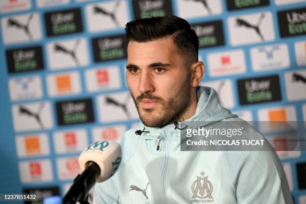 New Olympique de Marseille French L1 football club's player, Bosnian defender Sead Kolasinac looks on during his official presentation on January 20,...
