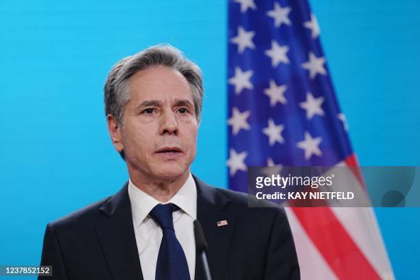 Secretary of State Antony Blinken addresses a press conference after meeting with his counterparts from Germany, France and Britain at the German...