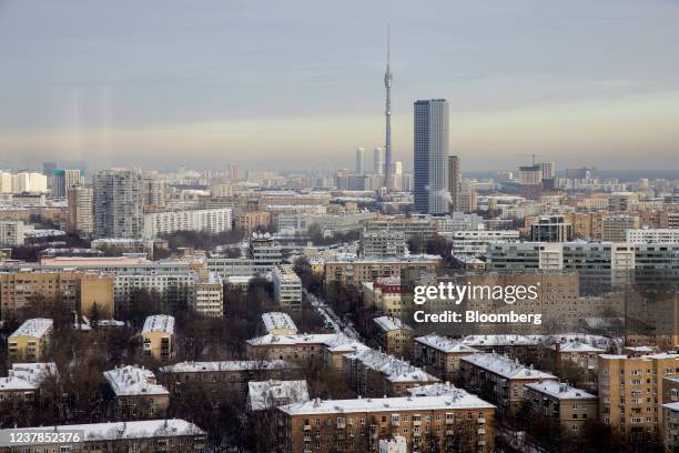 Residential apartment buildings and the Ostankino television tower, center, viewed from the VK Company Ltd. Office in Moscow, Russia, on Wednesday,...