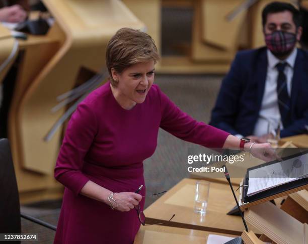 Scottish Labour Leader, Anas Sarwar , looks on as Scottish First Minister, Nicola Sturgeon, speaks during First Minister's Questions at the Scottish...