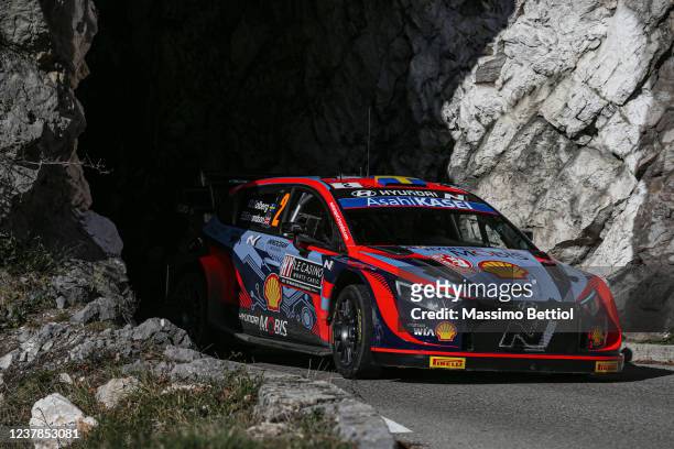Oliver Solberg of Sweden and Elliott Edmondson of Great Britain compete with their Hyundai Shell Mobis WRT Hyundai i20 N Rally1 during the shakedown...