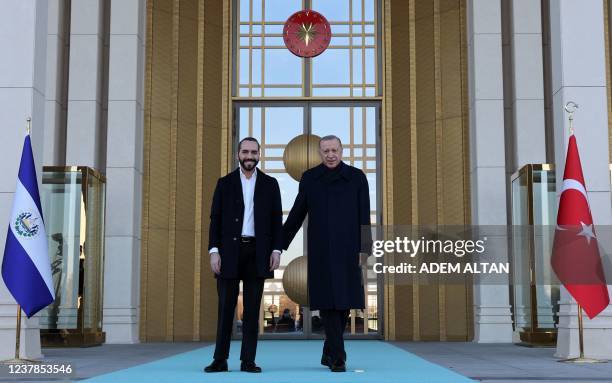 President of Turkey Recep Tayyip Erdogan poses with President of El Salvador Nayib Bukele as he arrives for an official visit to Turkey at the...