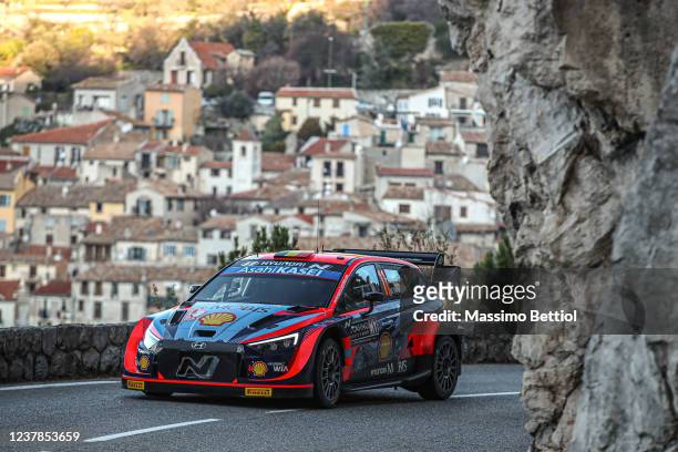 Thierry Neuville of Belgium and Martijn Wydaeghe of Belgium compete with their Hyundai Shell Mobis WRT Hyundai i20 N Rally1 during the shakedown on...