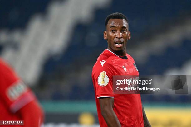 Gael Ondoua of Hannover 96 looks on during the DFB Cup round of sixteen match between Hannover 96 and Borussia Mönchengladbach at HDI-Arena on...