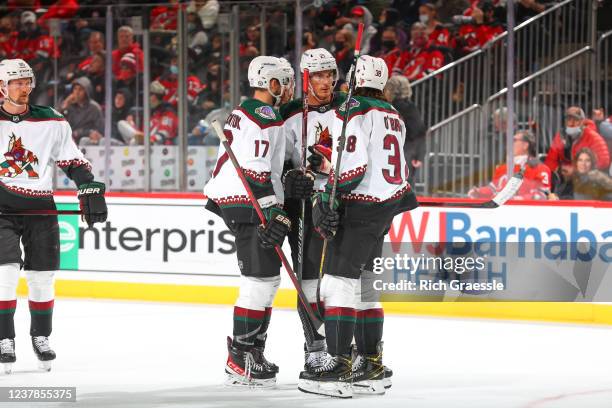 Arizona Coyotes left wing Loui Eriksson, Arizona Coyotes center Alex Galchenyuk and Arizona Coyotes center Liam O'Brien during the National Hockey...