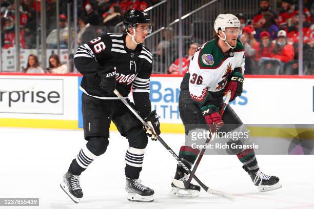 New Jersey Devils center Jack Hughes skates during the National Hockey League game between the New Jersey Devils and the Phoenix Coyotes on January...
