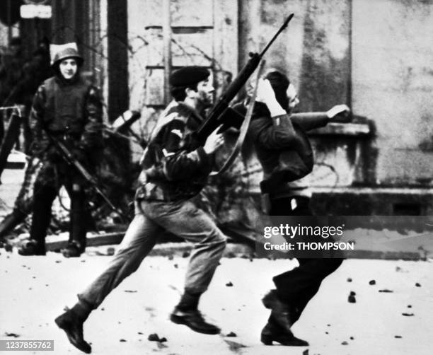 British soldier drags a Catholic protester during the "Bloody Sunday" killings 30 January 1972 when British paratroopers shot dead 13 Catholics civil...