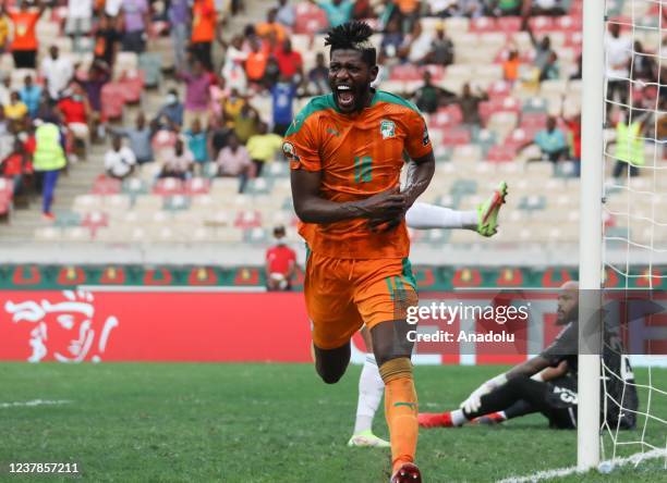 Ibrahim Sangare of Ivory Coast celebrates after scoring a goal during the Group E Africa Cup of Nations 2021 football match between Ivory Coast and...