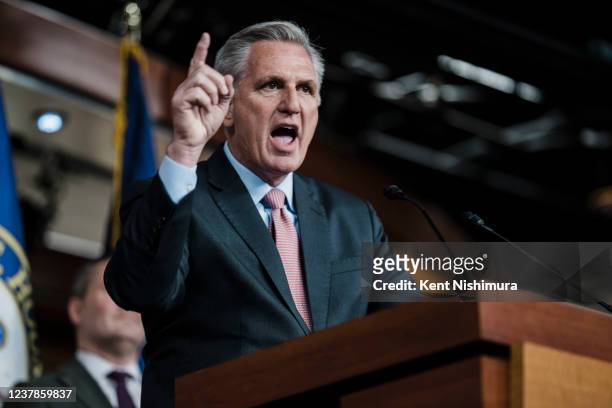 House Minority Leader Kevin McCarthy attends a House Republican Conference news conference as members pack the stage on Capitol Hill on Thursday,...