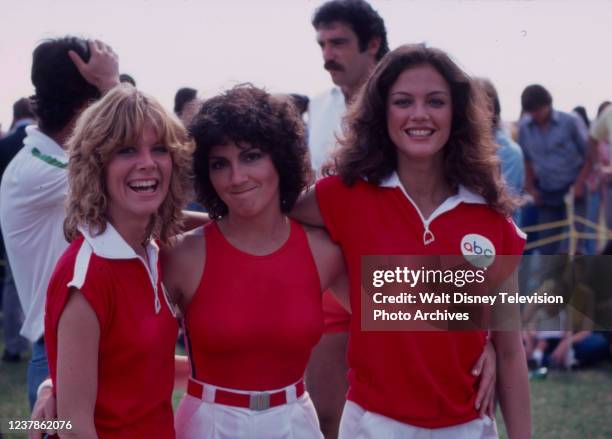 Joyce DeWitt, Maren Jensen, celebrity appearing in the ABC tv special 'Battle of the Network Stars IV'.