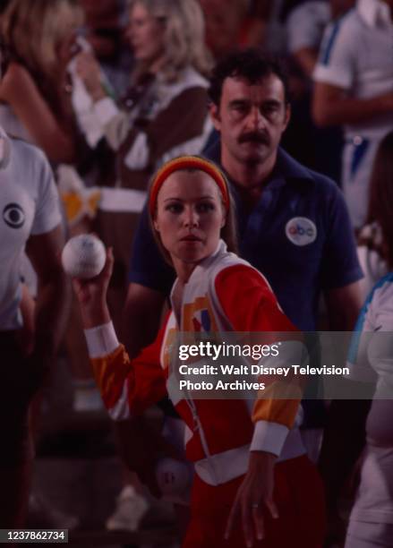 Victor French, Michelle Phillips appearing in the ABC tv special 'Battle of the Network Stars IV'.