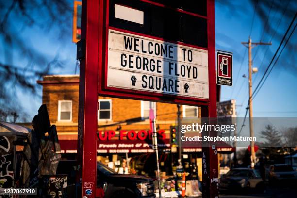 Sign reads Welcome to George Floyd Square at the memorial site surrounding the location George Floyd was killed on January 20, 2022 in Minneapolis,...