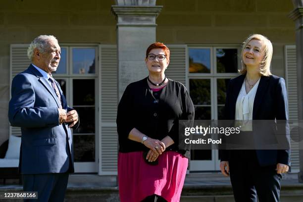 Australian Foreign Minister Marise Payne and British Foreign Secretary Liz Truss arrive for Australia-United Kingdom Ministerial Consultations talks...