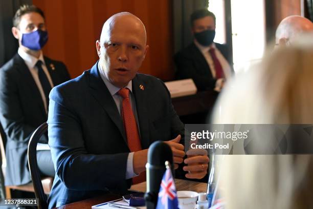 Australian Defence Minister Peter Dutton is seen during top of meeting remarks ahead of Australia-United Kingdom Ministerial Consultations talks at...