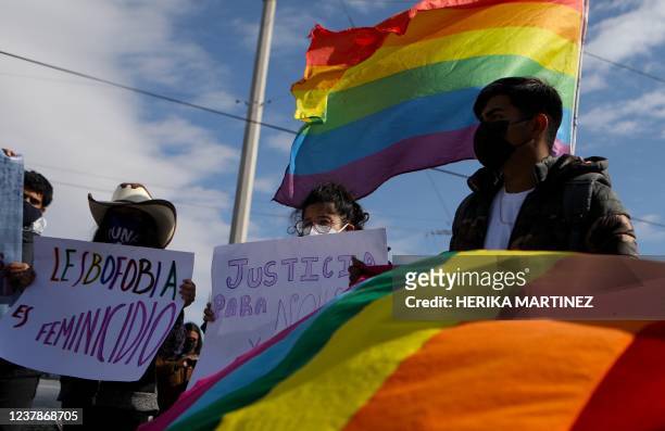 Feminists and members of the LGBT+ community take part in a protest against the murder of two lesbian women who were found dismembered and inside...