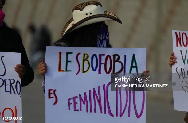 Feminists and members of the LGBT+ community take part in a protest against the murder of two lesbian women who were found dismembered and inside...