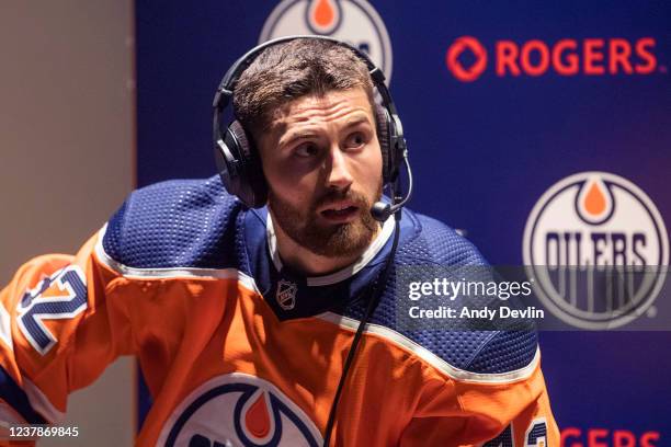 Brendan Perlini of the Edmonton Oilers gives an interview prior to the game against the Florida Panthers on January 20, 2021 at Rogers Place in...
