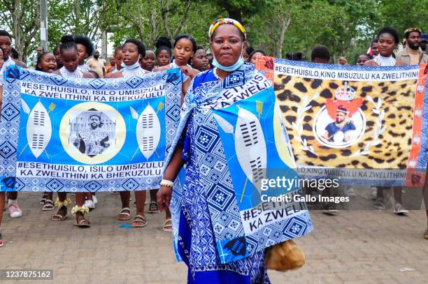 Zulu maidens showing support of King Misuzulu Sinqobile kaZwelithin outside the Pietermaritzburg Magistrate Court on January 12, 2022 in...