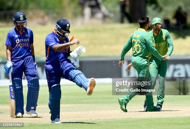 Tabraiz Shamsi of South Africa celebrate the wicket of Rishabh Pant of India during the 2nd Betway One Day International match between South Africa...