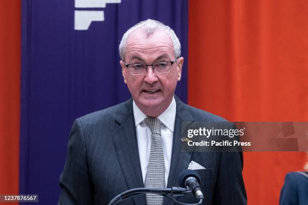 New Jersey Governor Phil Murphy speaks during First Lady Dr. Jill Biden visit of Bergen Community College with Secretary of Education Miguel Cardona....