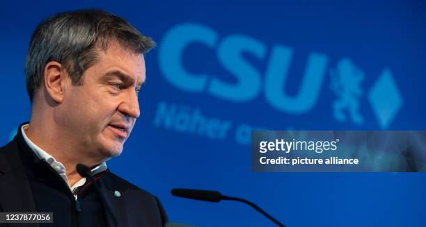 January 2022, Bavaria, Munich: Markus Söder, CSU chairman and prime minister of Bavaria, gives a press conference at party headquarters after a...