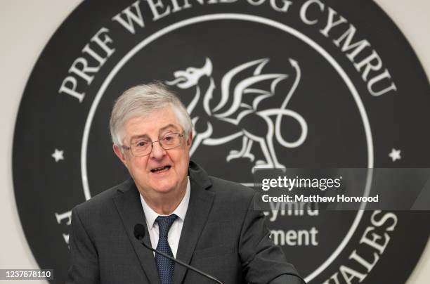 First Minister of Wales Mark Drakeford speaks during a coronavirus press conference at the Welsh Government Building in Cathays Park on January 21,...