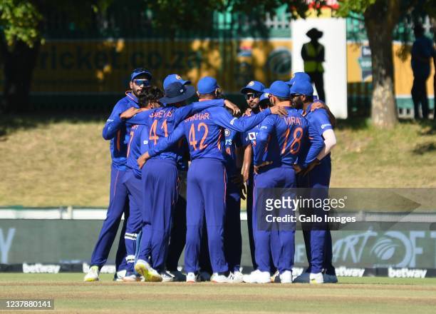 Indian players celebrates the wicket of Quinton de Kock of South Africa during the 2nd Betway One Day International match between South Africa and...