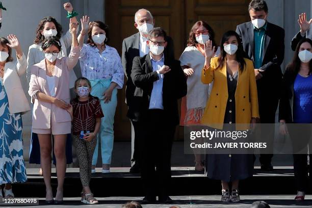 Chilean President-elect Gabriel Boric poses for a picture with his ministers during the presentation of his government cabinet at the Natural History...