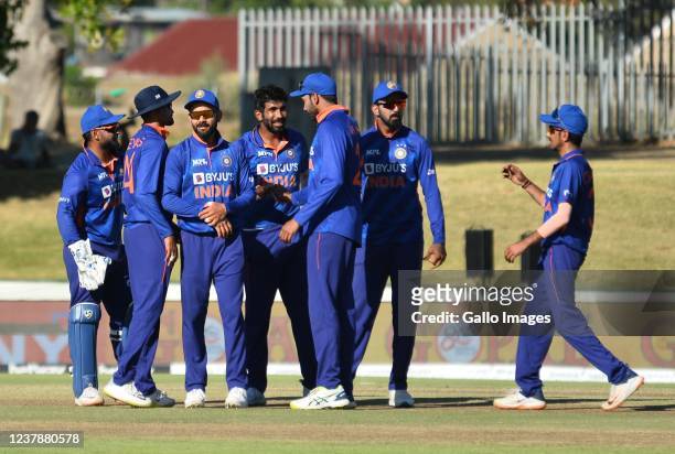 Jasprit Bumrah of India celebrates the wicket of Janneman Malan of South Africa with team mates during the 2nd Betway One Day International match...