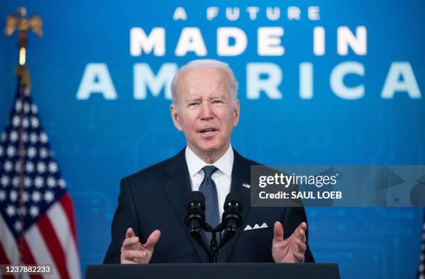 President Joe Biden speaks about Intel's announcement that they will open a new $20 billion factory outside Columbus, Ohio, during a speech about...