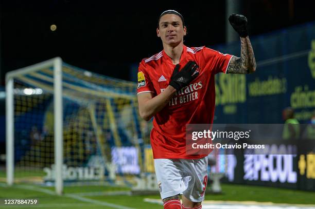 Darwin Nunez of SL Benfica celebrates after scores his sides first goal during the Liga Portugal Bwin match between FC Arouca and SL Benfica at...