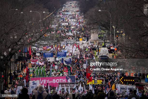 Thousands of anti-abortion activists march along Constitution Avenue during the 49th annual March for Life rally on January 21, 2022 in Washington,...
