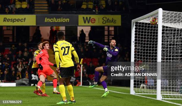 Norwich City's US striker Josh Sargent scores the opening goal during the English Premier League football match between Watford and Norwich City at...