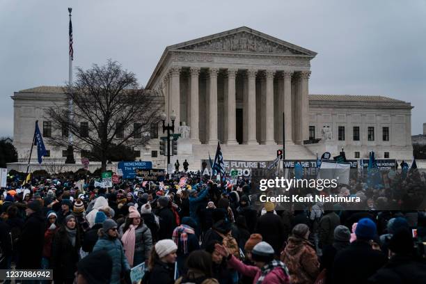 Anti-abortion activists and supporters march along Constitution Ave, with their final destination being the Supreme Court of the United States during...