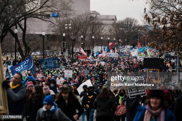 The dome of the U.S. Capitol Building is seen as Anti-abortion activists and supporters march along Constitution Ave, with their final destination...