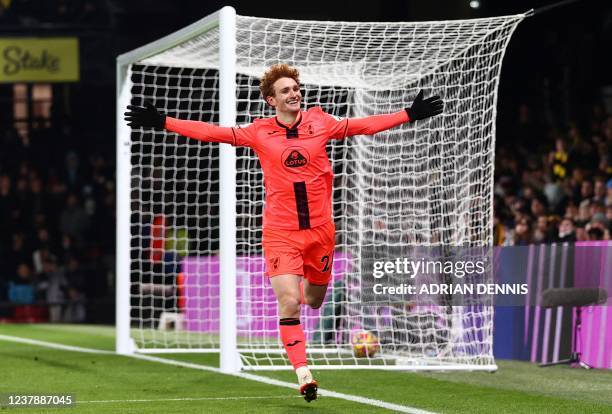 Norwich City's US striker Josh Sargent celebrates scoring his team's second goal during the English Premier League football match between Watford and...