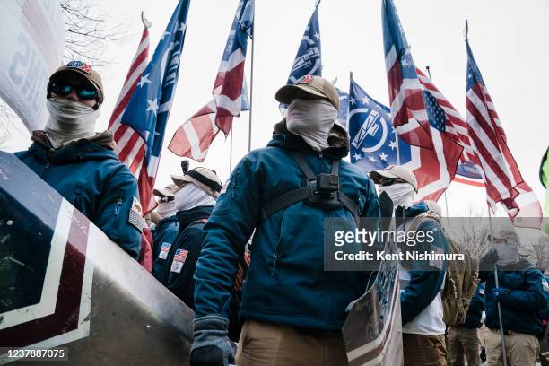 Members of the right-wing group, the Patriot Front, as they prepare to march with anti-abortion activists during the 49th annual March for Life along...