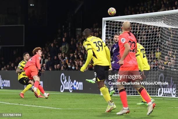 Josh Sargent of Norwich scores their 1st goal during the Premier League match between Watford and Norwich City at Vicarage Road on January 21, 2022...