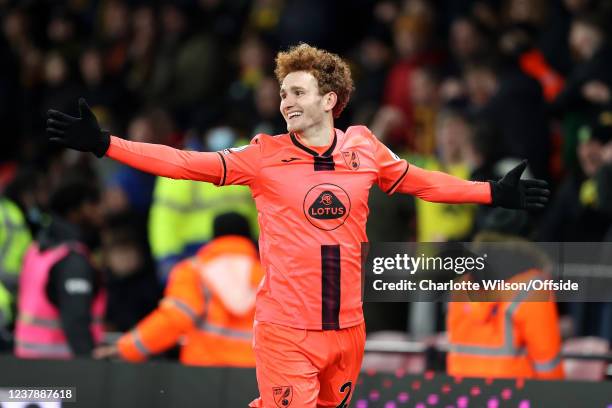 Josh Sargent of Norwich celebrates scoring their 2nd goal during the Premier League match between Watford and Norwich City at Vicarage Road on...