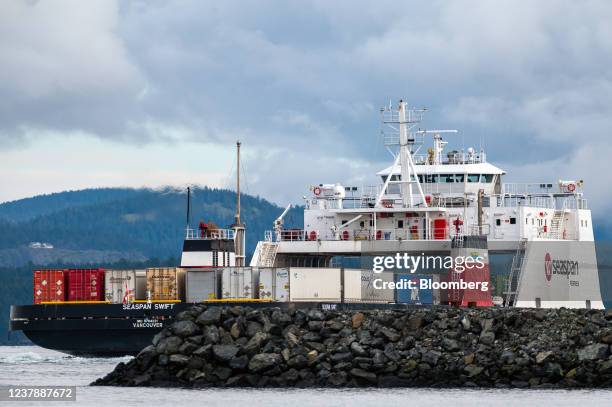 Seaspan ferry departs the dock during a strike in Swartz Bay, British Columbia, Canada, on Friday, Jan. 21, 2022. Deliveries of goods to Vancouver...