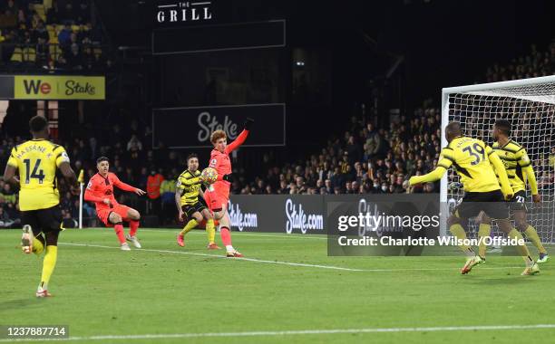 Josh Sargent of Norwich scores their 1st goal with a back-heel during the Premier League match between Watford and Norwich City at Vicarage Road on...