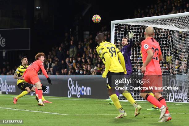 Josh Sargent of Norwich scores their 1st goal during the Premier League match between Watford and Norwich City at Vicarage Road on January 21, 2022...