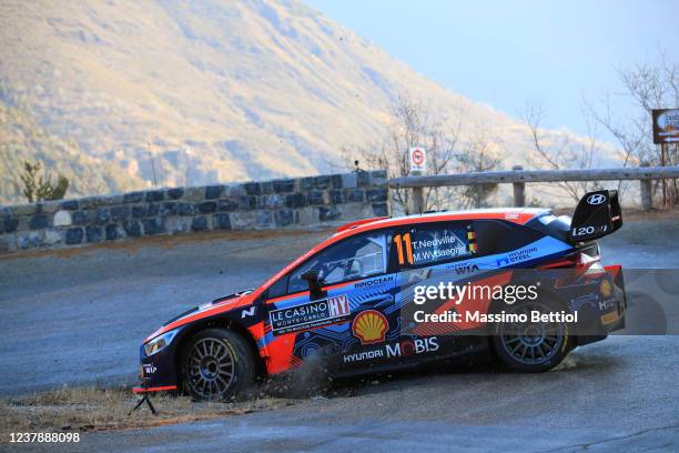 Thierry Neuville of Belgium and Martijn Wydaeghe of Belgium compete with their Hyundai Shell Mobis WRT Hyundai i20 N Rally1 during Day Two of the FIA...