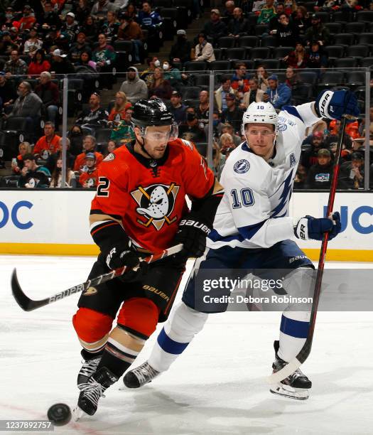 Kevin Shattenkirk of the Anaheim Ducks and Corey Perry of the Tampa Bay Lightning battle for the puck during the second period at Honda Center on...