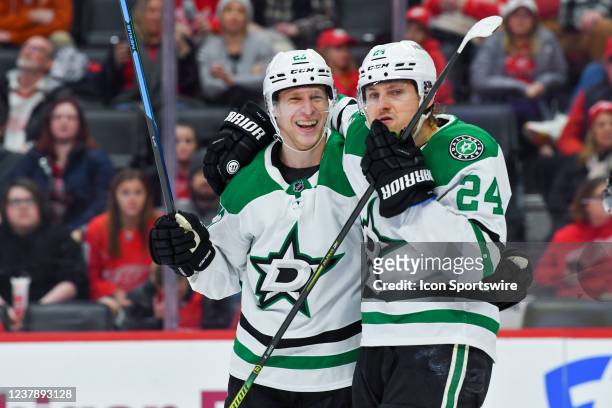 Dallas Stars Defenceman Esa Lindell celebrates his goal with Dallas Stars Center Roope Hintz during regular season NHL hockey game between the Dallas...