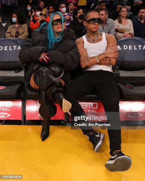 Singer, Karol G and Influence, Daiky Gamboa attend a game between the Utah Jazz and Los Angeles Lakers on January 17, 2022 at Crypto.com Arena in Los...